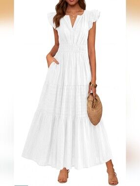 BTFBM White Gauzy Boho Peasant Maxi Dress